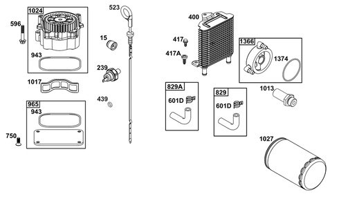 Lubrication Group Diagram and Parts List for 61A777-0101-J1 400000 - 699999 Briggs and Stratton Engine